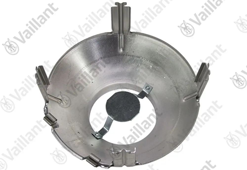 Metallisches Bauteil von Vaillant mit kreisförmigem Design und mehreren Halteklammern. Sieht aus wie eine Strömungssicherung zur Anwendung in Heizsystemen.